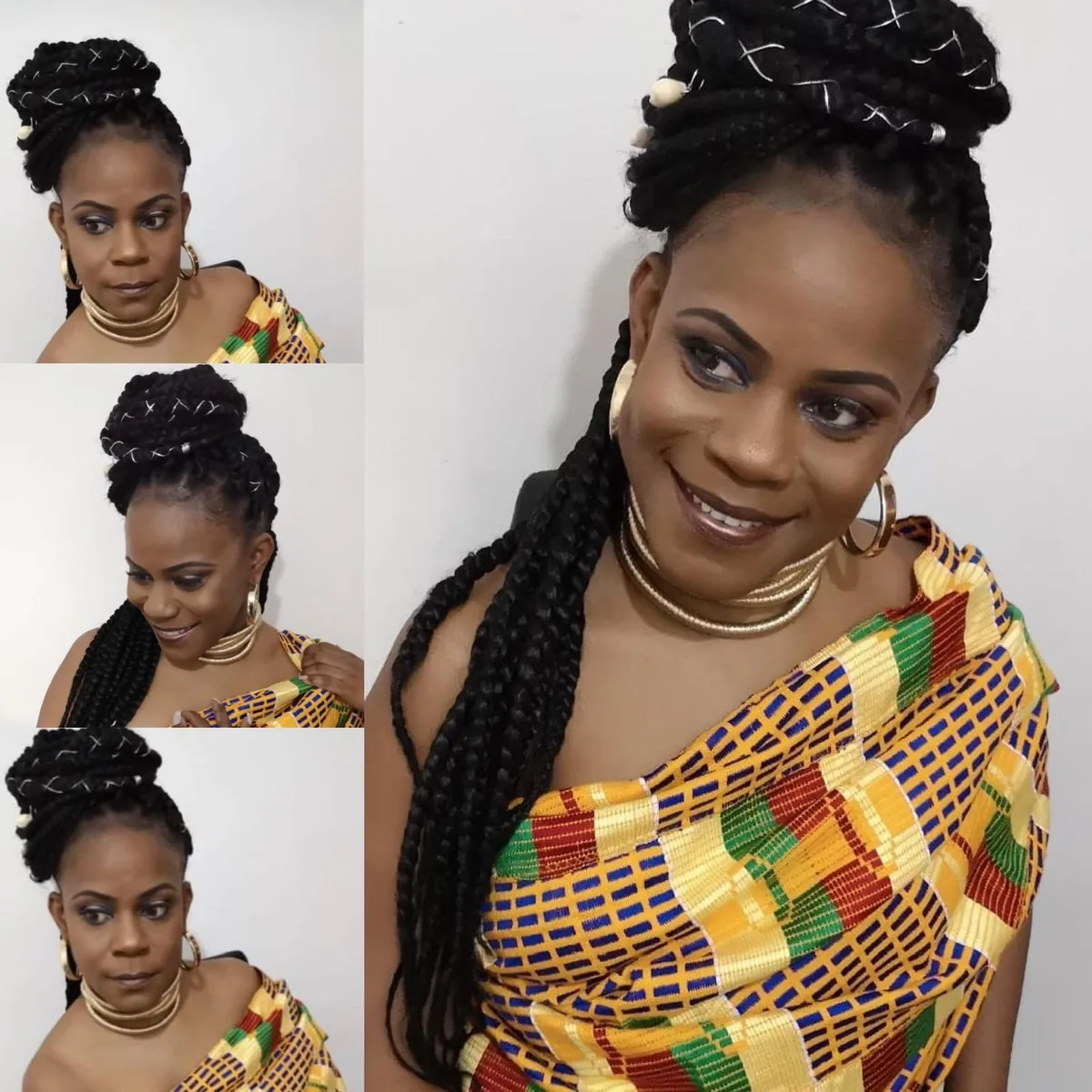 A client with a braided updo and long braid, full glam make-up, wearing kente-print fabric, shown from several angles