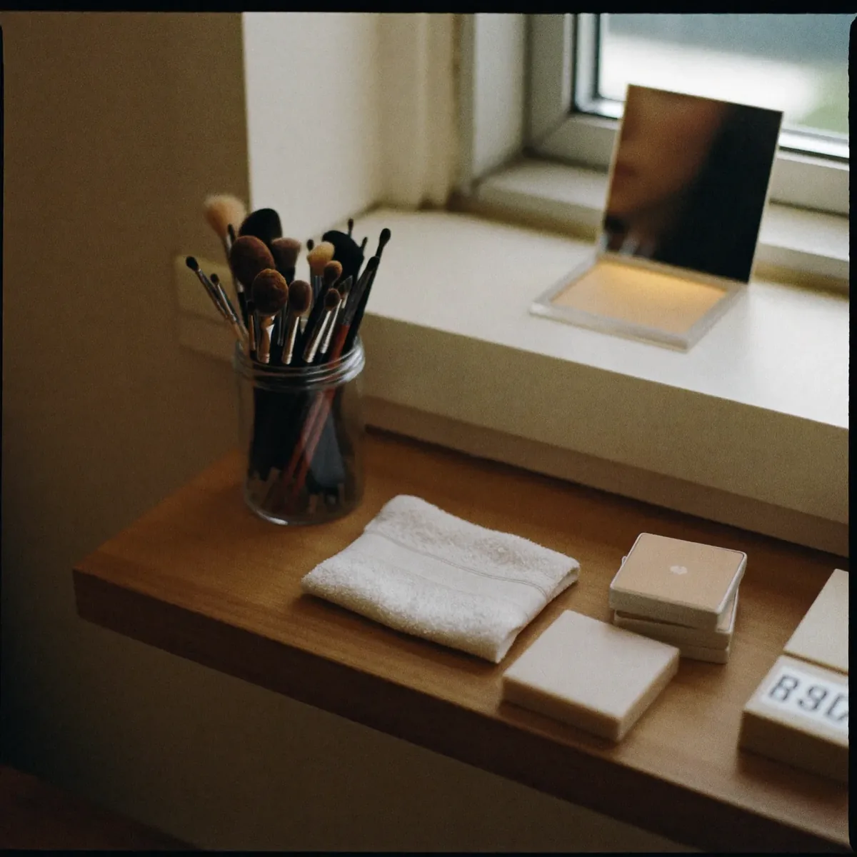 A make-up artist's station with brushes, towel and compacts by a window