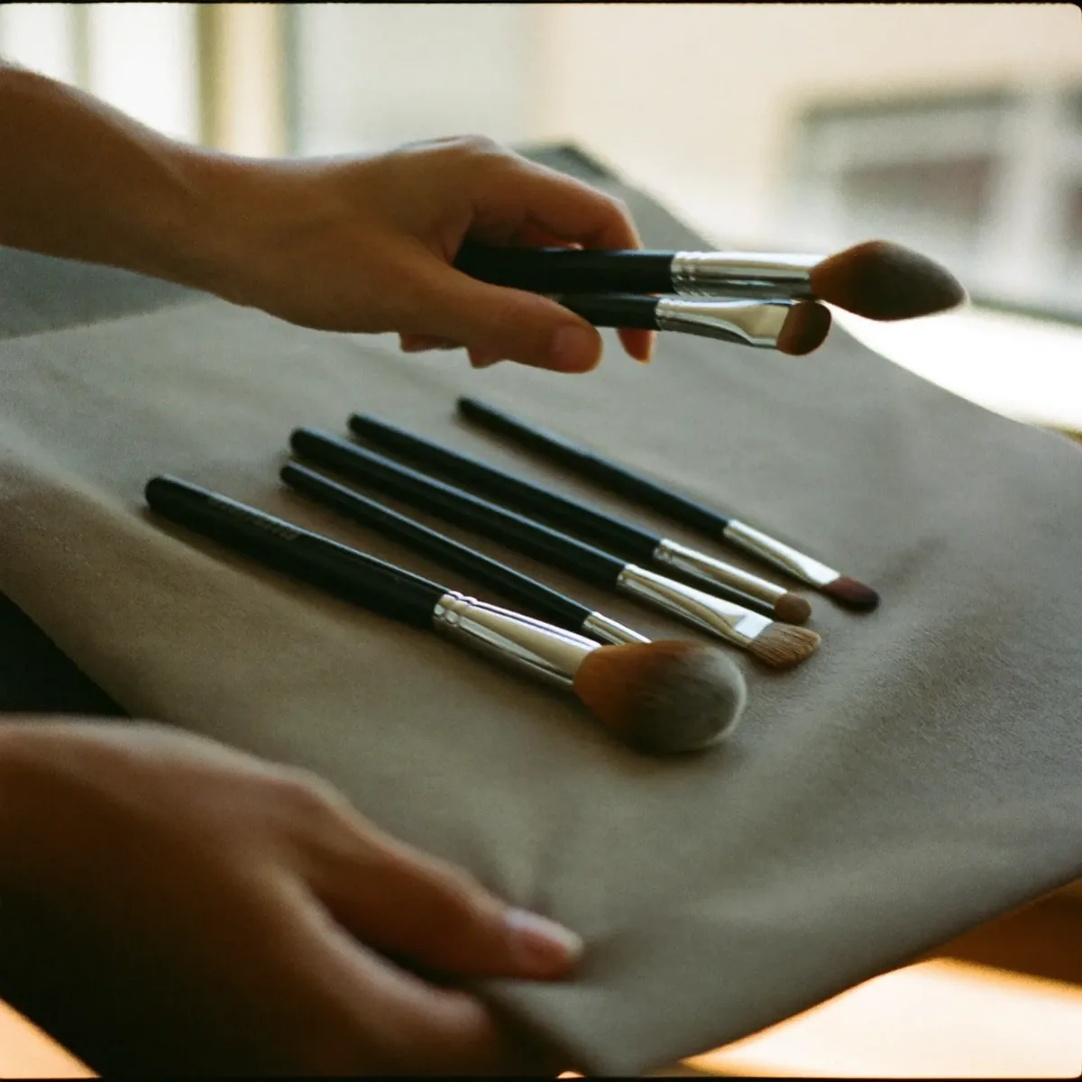 Hands fanning out a set of clean make-up brushes on a neutral cloth