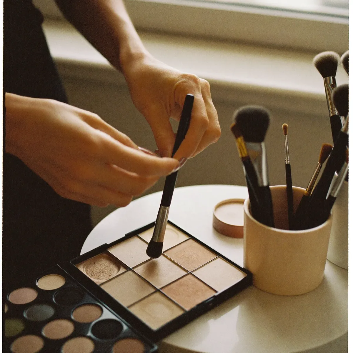 A make-up artist's hands working with a brush over a neutral eyeshadow palette